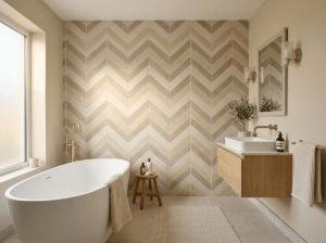 A bathroom feature wall using a chevron tile pattern.